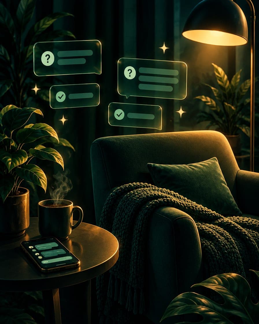 A cozy armchair, a mug of tea and a phone, with question and answer bubbles
